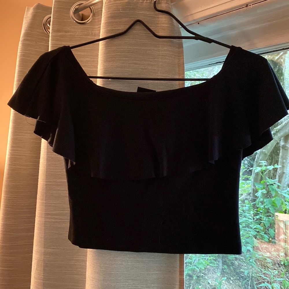 DR DENIM, Black, Over the shoulder Crop Top (has sleeves), S
